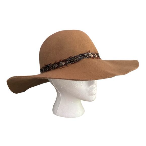 Boho Wide Brim Brown Felt Hat Feather Trim Western Floppy Festival Sun Hat - Picture 8 of 8